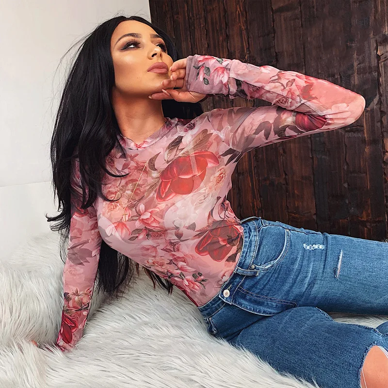 Shstyle, с принтом розы, Сетчатое, просвечивающее, сексуальное боди для женщин, с длинным рукавом, с круглым вырезом, осеннее, с цветочным принтом, облегающее, розовое, модное, боди для девушек