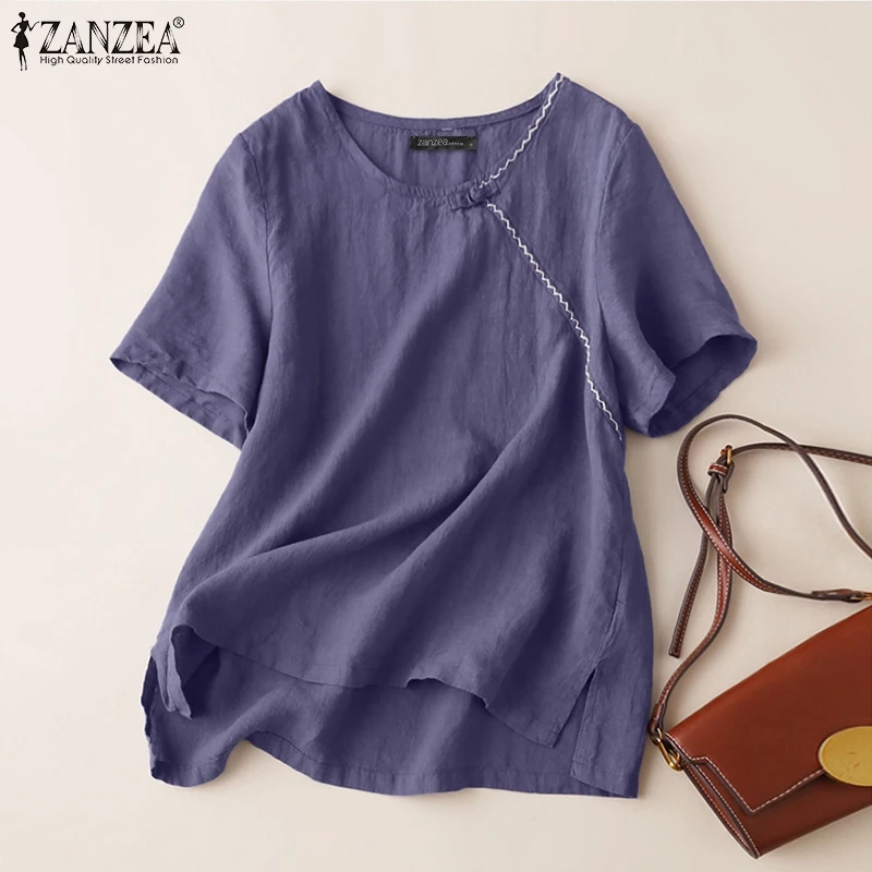 

Women Summer Patchwork Top 2021 Fashion Short Sleeve Tunic ZANZEA Vintage O Neck Blusa Casual Loose Solid Button Blouse Oversize