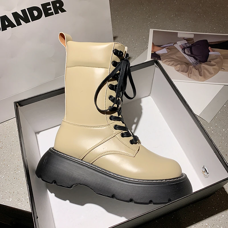 

New Women Ankle Boots Real Leather Thick Bottom Women Short Boots Fashion Cool Ladies Shoes Footwear Size 35-40