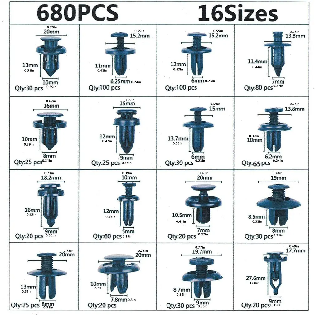 

680 PCS Car Push Retainer Clips 16 Most Popular Sizes Nylon Bumper Push Fasteners Rivet Clips Replacement Kit