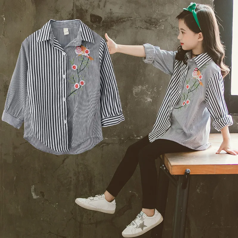 Новая модная блузка для девочек милые топы с вышитыми птицами подростков