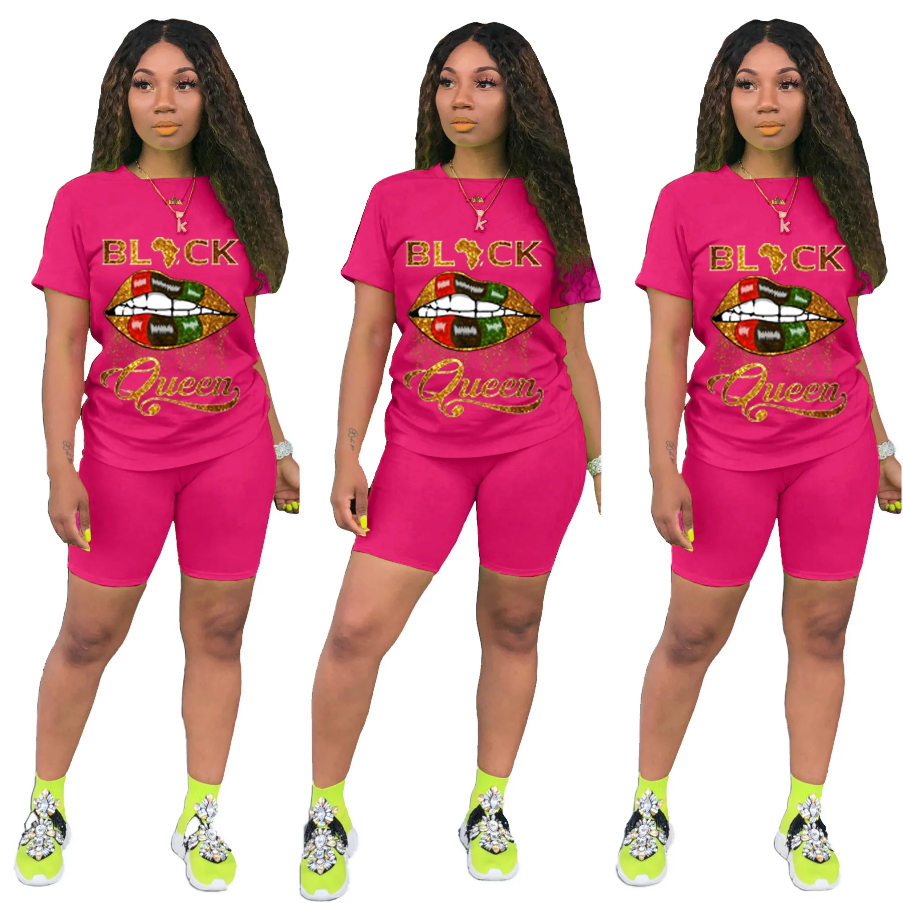 

Solid Color Letter Black Queen Print Biker Shorts Summer Women Suit European and American Hot Style Model Two Piece Set