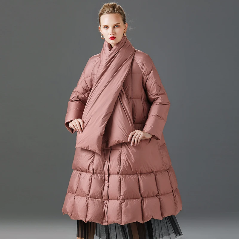 Rose Women Waterproof Coats Dusty Argyle Pockets Large Outwear Long Oversized Scarf Stand Collar White Duck Down Clothes