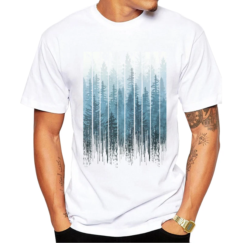 

Short Sleeve O-Neck Tops Hipster Tee New Arrival 2021 Fashion Grunge Dripping Turquoise Misty Forest Print Men T-Shirt