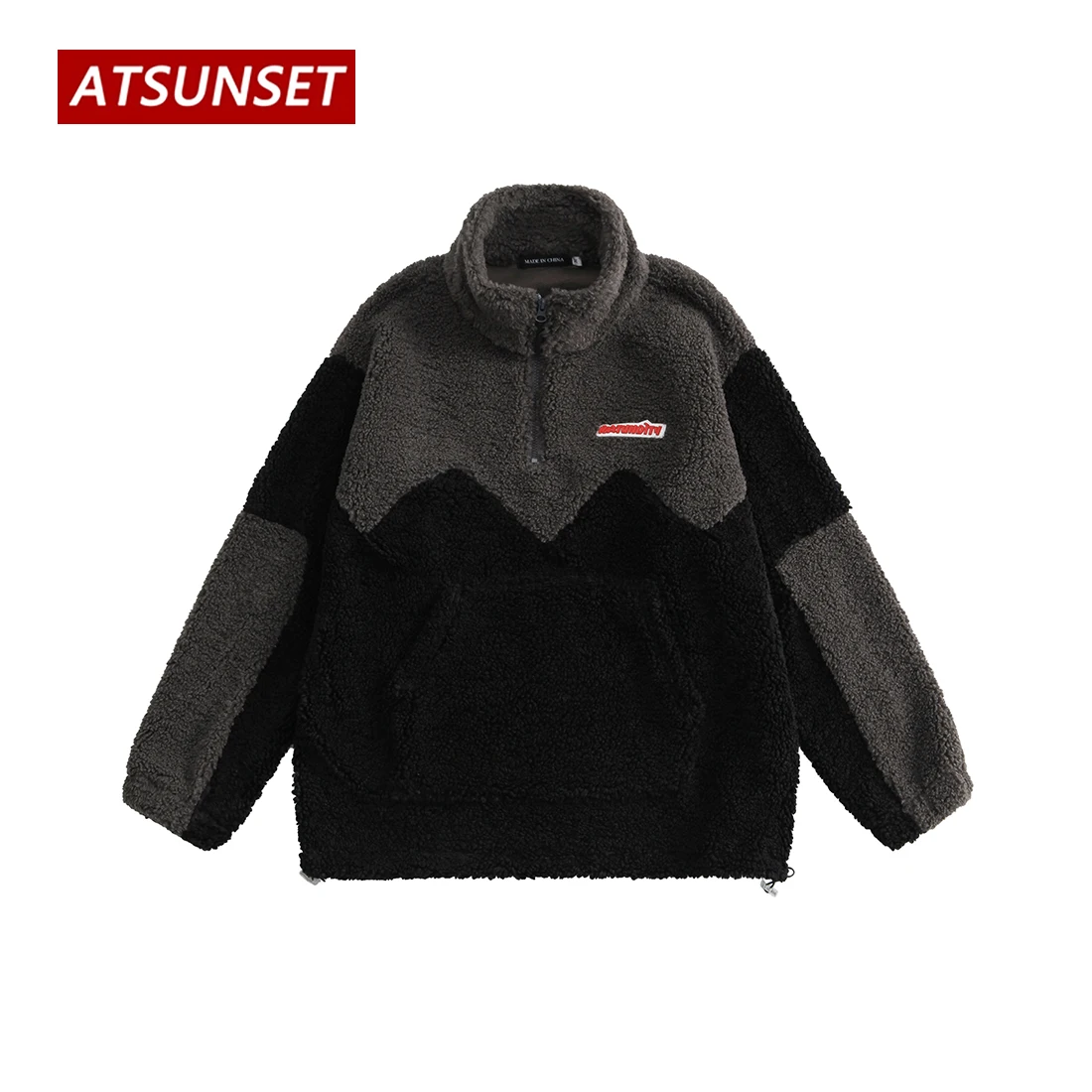 ATSUNSET Stitching Lambswool Hooded Cotton Coat Thick Warm Harajuku Winter Jacket High Street Streetwear
