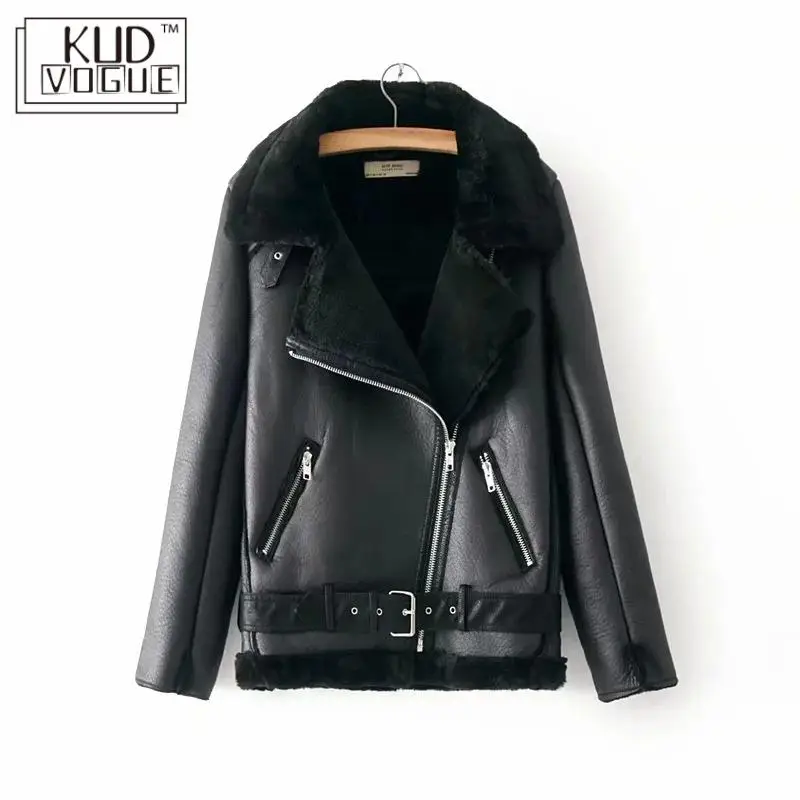 KUDVOGUE, Женская куртка из искусственной кожи, из овечьей шерсти, шерстяной ремень, мотоциклетная куртка, Осень-зима, женская теплая куртка из овечьей шерсти