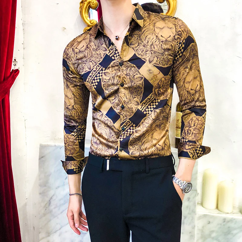 

Dress Slim Fit Tuxedo Shirts Male Fashion Streetwear Social Night Club Shirt Luxury Golden Casual Shirt Men Long Sleeve Shirt