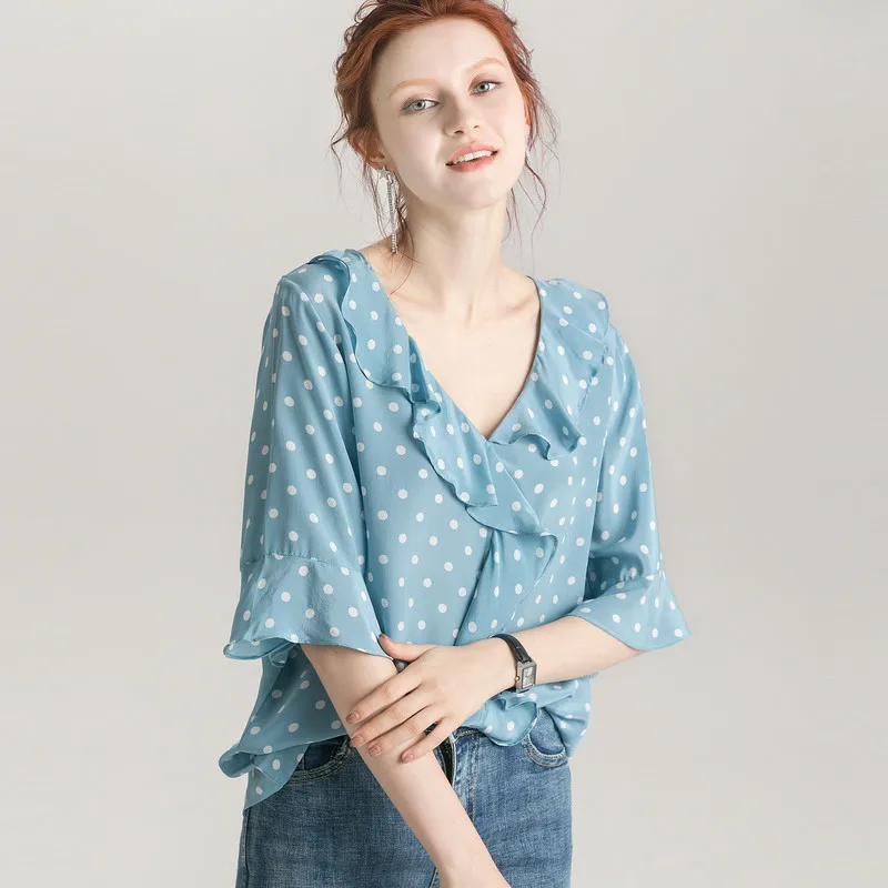 Женский топ из натурального шелка в горошек базовая футболка 100% тутового