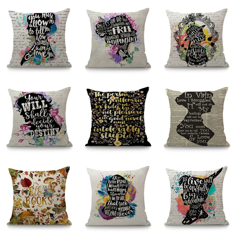 Чехол для подушки с цветочным принтом Джейн Остин льняная наволочка буквенным в