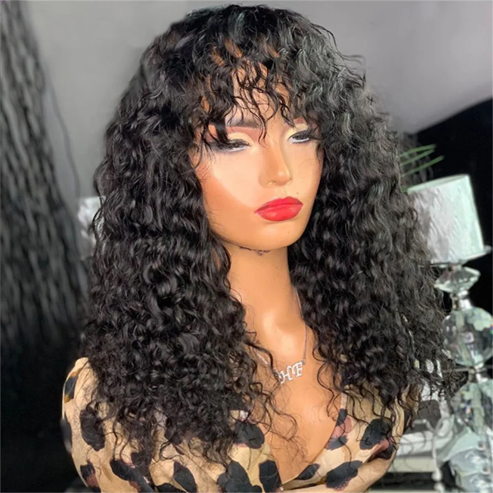 

Brazilian Remy Jerry Curly Human Hair Wigs With Bangs 200% Water Wave Glueless Full Machine Made Wig For Black Women No Lace Wig