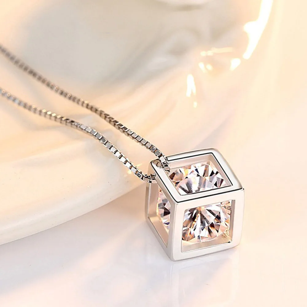 

New 925 Sterling Silver Women Necklaces Fashion Love Cube Pendant High Quality Zircon Clavicle Chain Jewelry Length 45CM