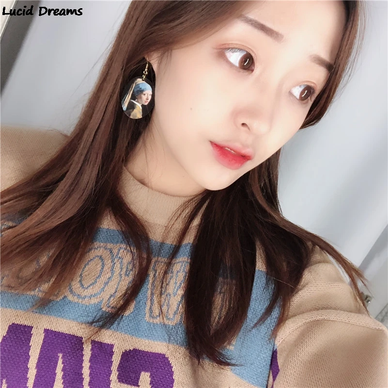 Retro Oil Painting Art Van Gogh Starry Night Mona Lisa Drop Earrings Vermee Women Wood Vintage Earrings Fashion Jewelry Bijoux