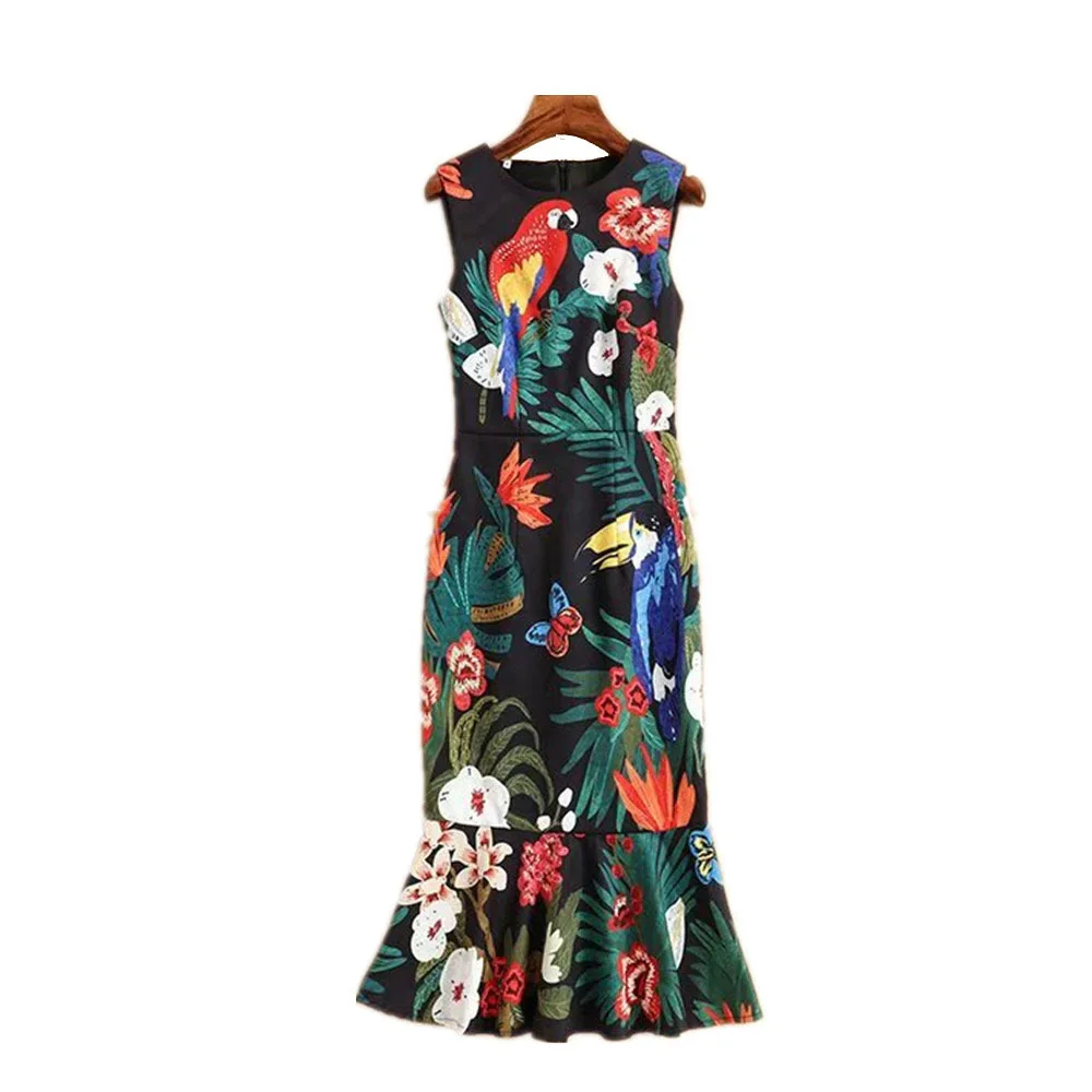 

New Hot Sale 2020 Spring Summer Women O-Neck Cute Birds Flower Print Midi Party Sexy Mermaid Dress Sleeveless Vestidos