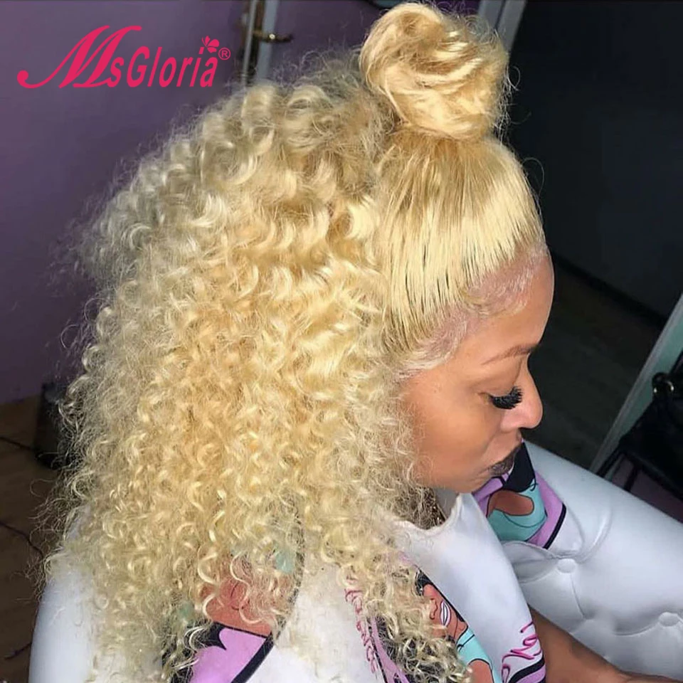 613 блонд парик на кружеве бразильский Remy кудрявый человеческие волосы