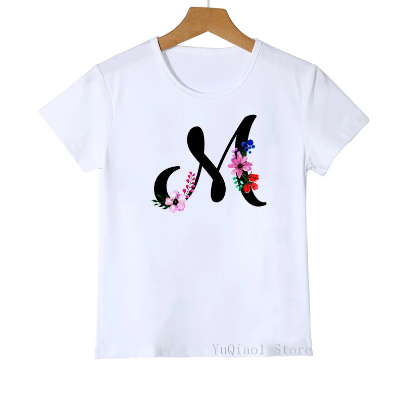 

Children's Clothes Summer Cute Floral Alphabet Letter J-Q Print Baby Toddler Teen Girl T-Shirt White Camisetas DIY Kids Tshirt