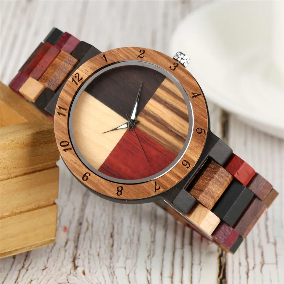 

Creative Simple Colorful Wooden Link Bangle Men's Watch High Quality Wood Watch Case Folding Clasp Quartz Movement Clock Gifts