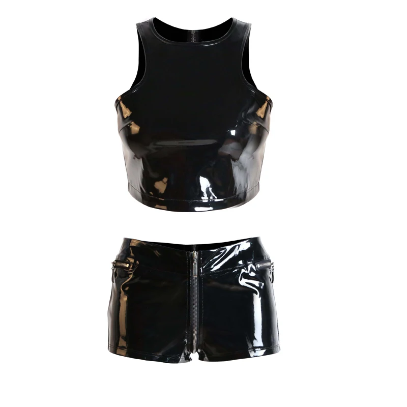 

Sexy Women Steampunk Wet Look PVC Leather Women Set Black Pullover Top Solid Zipper Shorts Nightclub DS Outfit