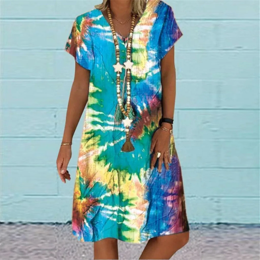 

Short Plus Print Size V-Neck Women Dress Fashion Sleeves Casual Short Colorful Women's Dress