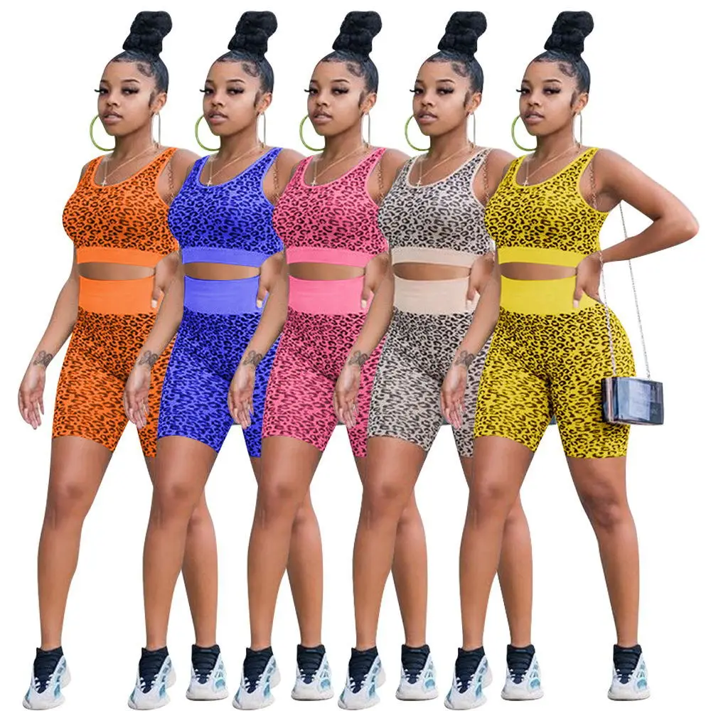 

Chiclover Summer Casual Tracksuit Wholesale Items Leopard Tights Two Piece Set Sporty Vest and Biker Shorts Sets Dropshipping