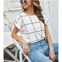 summer fashion casual loose plaid pattern commuter tops round neck t shirt ladies clothes plaid printed oversized 3xl tee 2021