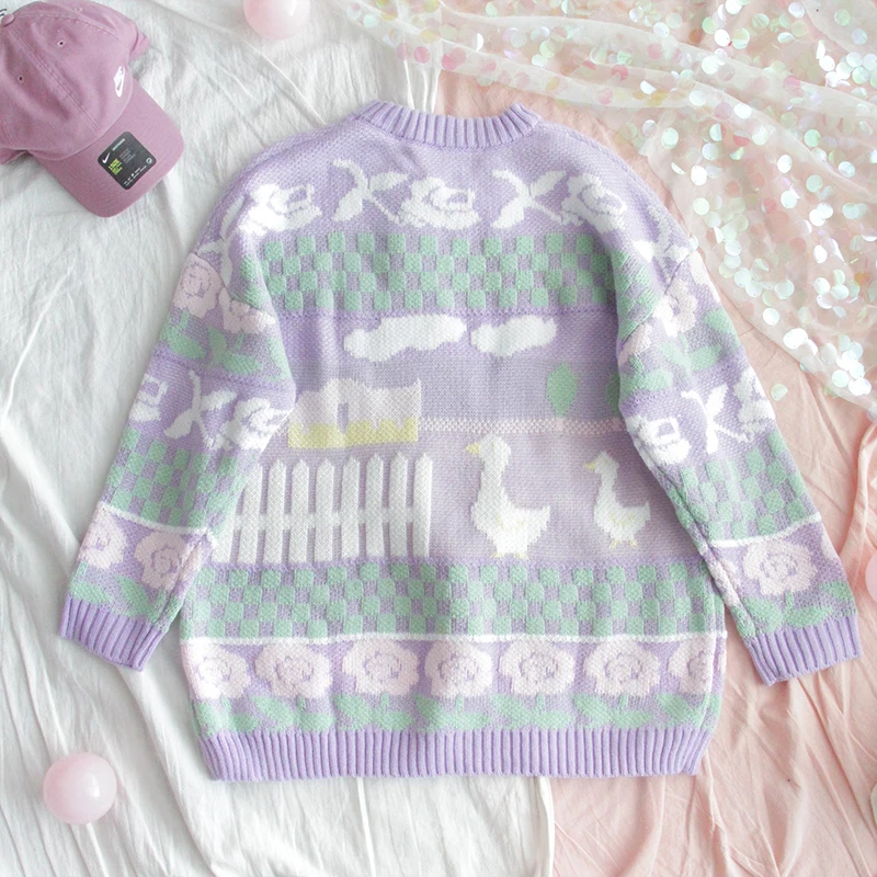 Autumn New Design Women Sweet Pullover Sweaters Crew Collar Ladies Loose Knitwear Jumpers Tops Cuet Ducks Flower Knitted | Женская