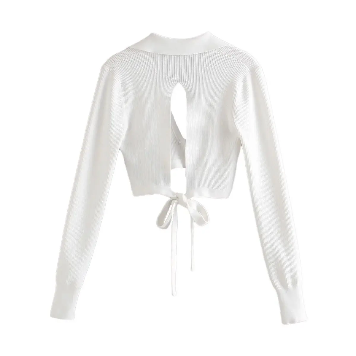 

FA 2021 Women White Cropped Tops Sexy V-neck Collared Long Sleeves Elegant Chic Lady Fashion Knitted T-Shirt Woman Clothes Tees