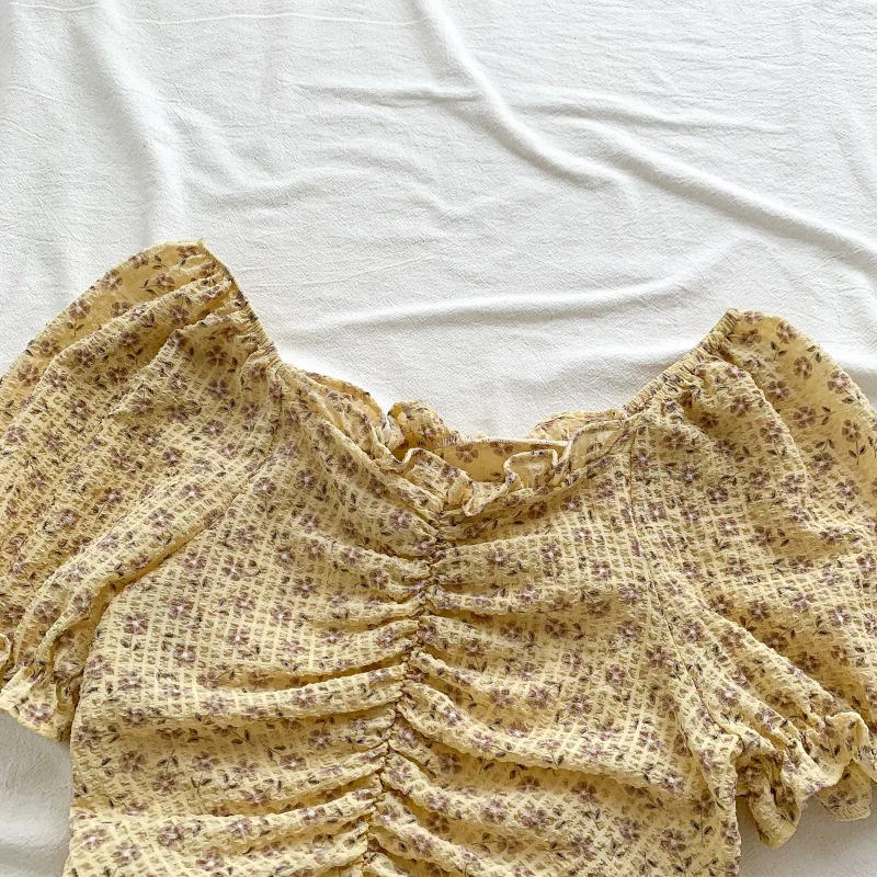 

Women Floral Print Short Sleeve Blouses Sweet Chiffon Blouse Fashion Slim Shirt Tops