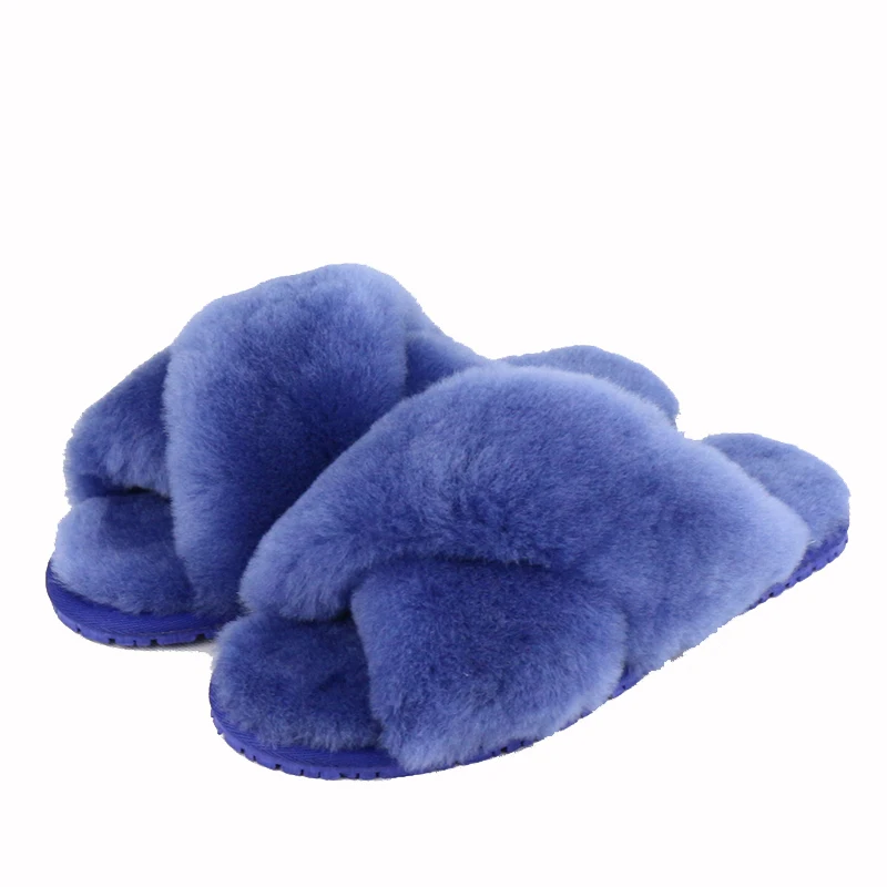Royal Blue Зимние теплые меховые тапочки из натуральной овечьей кожи; женская домашняя обувь; домашние тапочки; коллекция года; Роскошные шерстяные тапочки; Женские Повседневные тапочки; UVWP - Цвет: Royal Blue