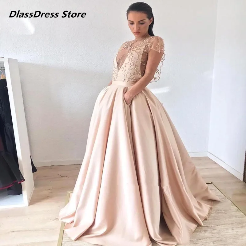 

Lace Prom Evening Dress Champagne Appliqued A-Line Formal Party Gown Long Pageant Dresses Custom Made Vestidos De Fiesta New