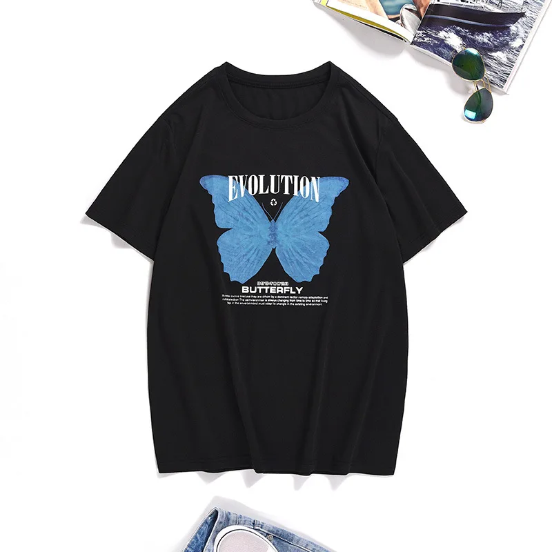 

Summer New Style Pure Cotton Loose Casual Short-sleeved T-shirt Blue Butterfly Fashion Mens T-shirt Mens Clothes