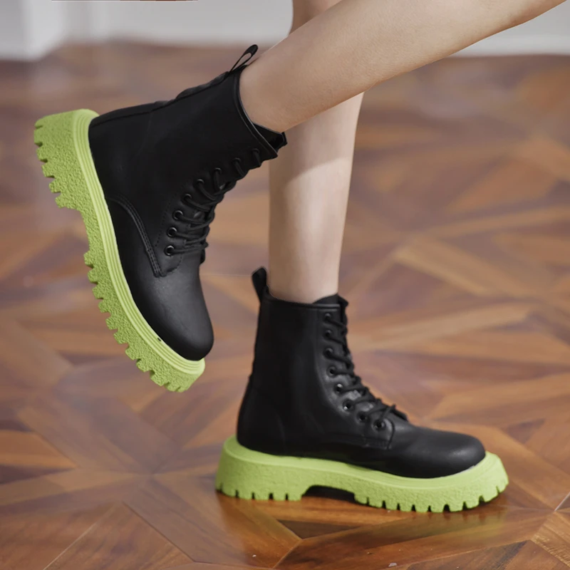 

PU Leather Women's Ankle Boots 2021 Autumn New Fashion Platform Boots Round Toe Low Heel Lace-up Comfortable Boots for Women