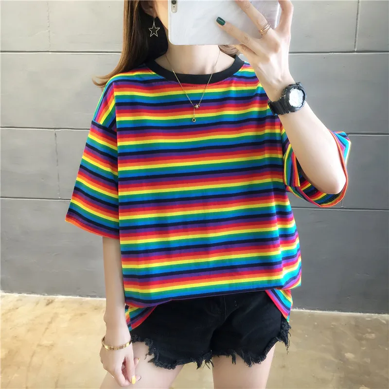 

Sweet Rainbow Striped Ladies Summer T-shirt Minimalist Loose Short Sleeve Ladies Clothing Fashion Top T-shirt Couple Clothes