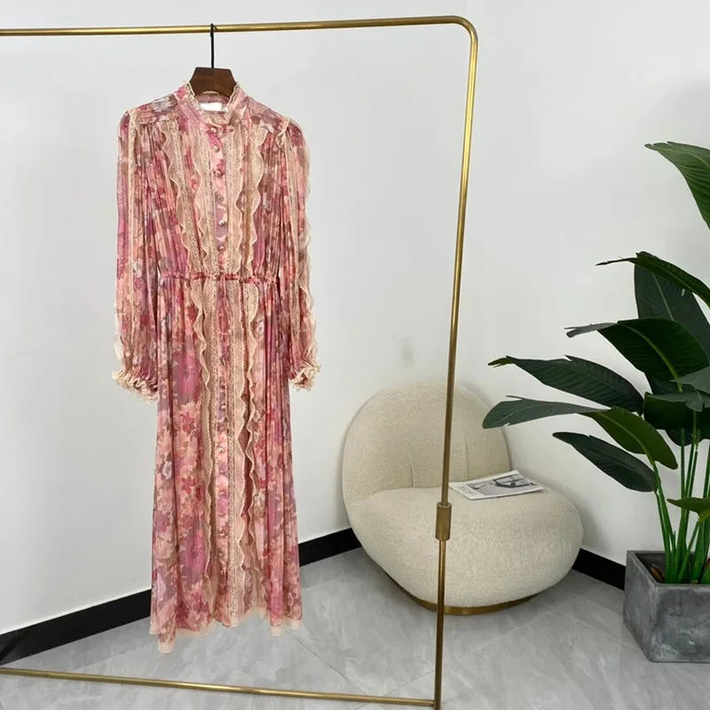 

Женское ажурное платье с длинным рукавом, розовое платье до середины икры с цветочным принтом и крючком, модель 2021 на осень