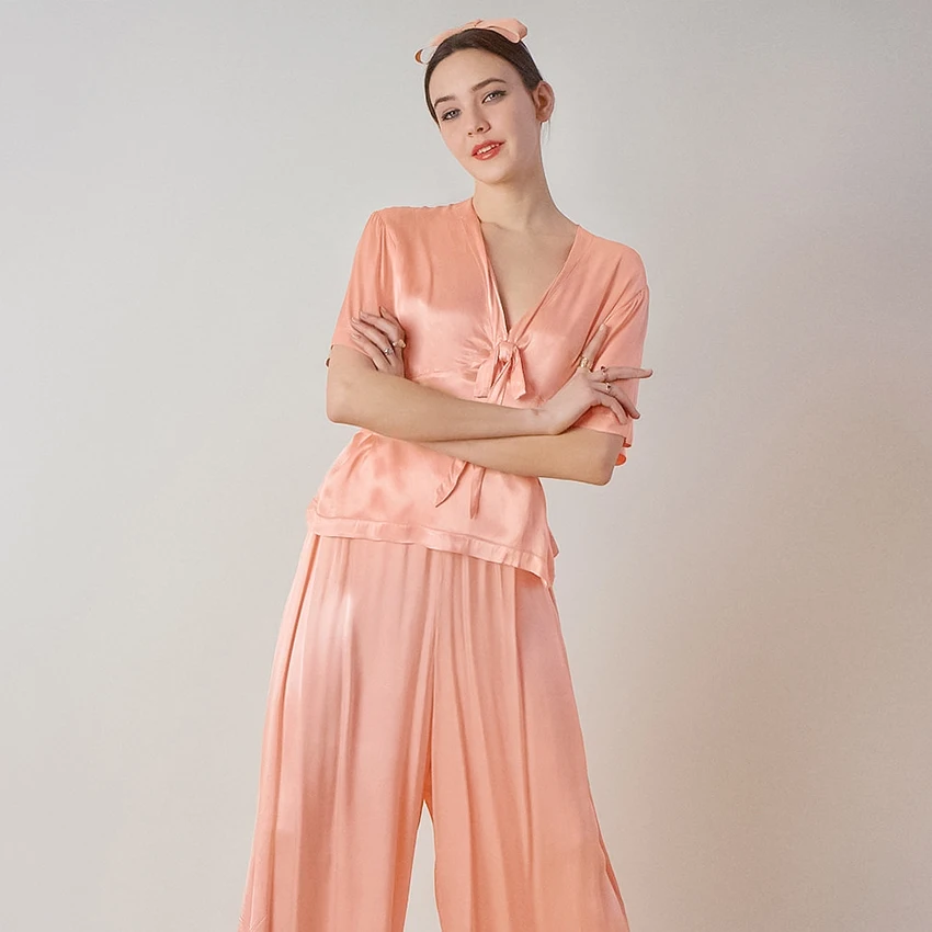 

Restve Solid Sleepwear Female 2 Piece Set Satin Short Sleeve V Neck Tops Loose Women Sets With Pants Casual Home Wear 2022