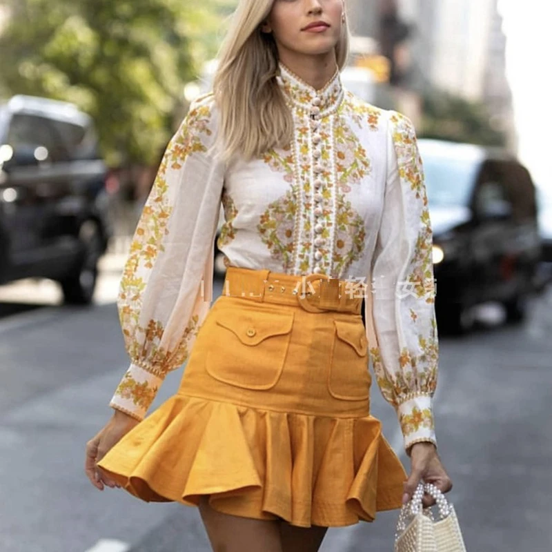 2019 осенняя винтажная женская блузка с цветочным принтом рубашка длинным рукавом