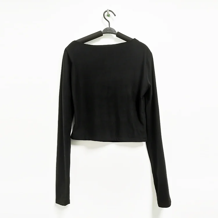 

I AM GIA black careful machine cross strap top female long-sleeved sexy hollow short T-shirt