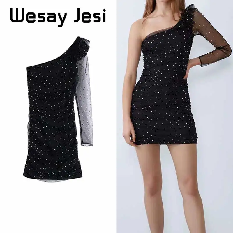 Женское вечернее платье мини элегантное кружевное с одним плечом и длинным