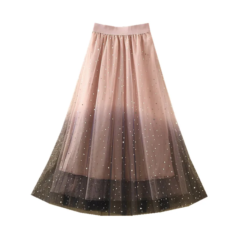 

Gradient Sequin star mesh skirt star skirt women's high waist A-line medium length puffy skirt