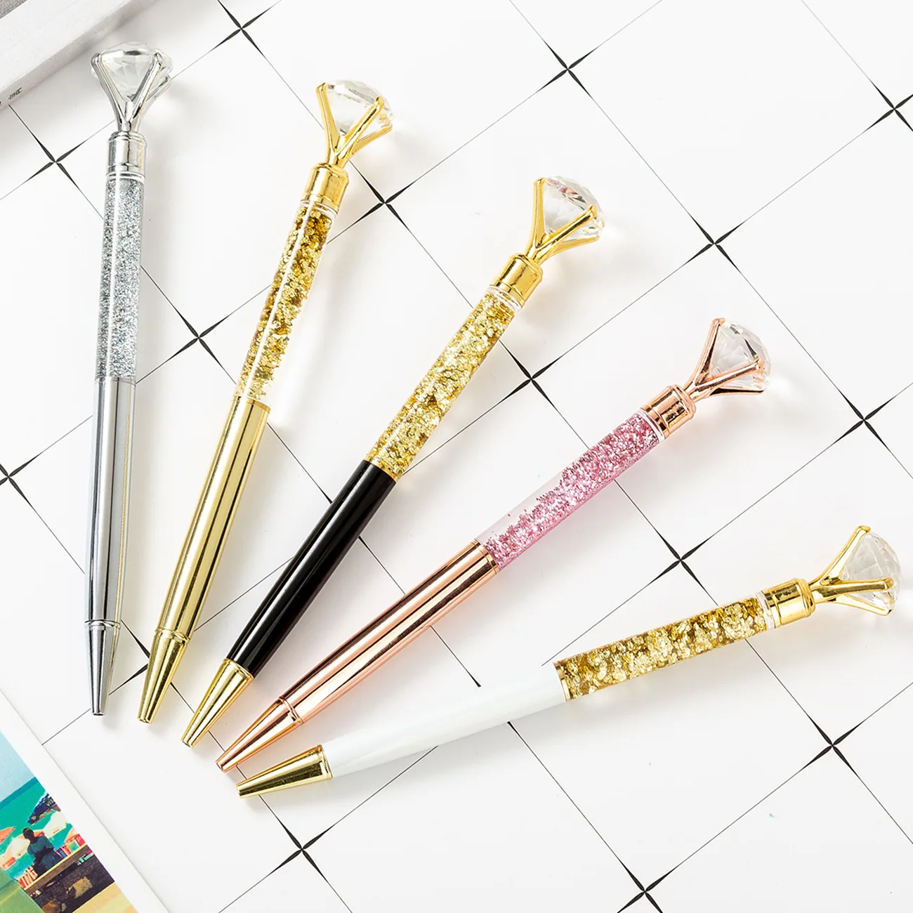 100pcs Crystal with big diamond Ballpoint Pen School Supply Stationery Office Metal luxury brand high quality diamond rose gold