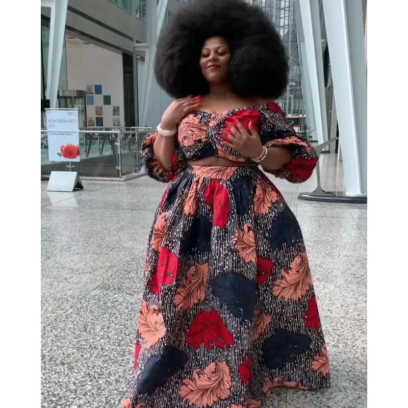 

Женское платье в африканском стиле, комплект из 2 предметов, юбка до пола с коротким верхом и цветочным принтом, модель 2020 года, размеры 3XL, 4XL