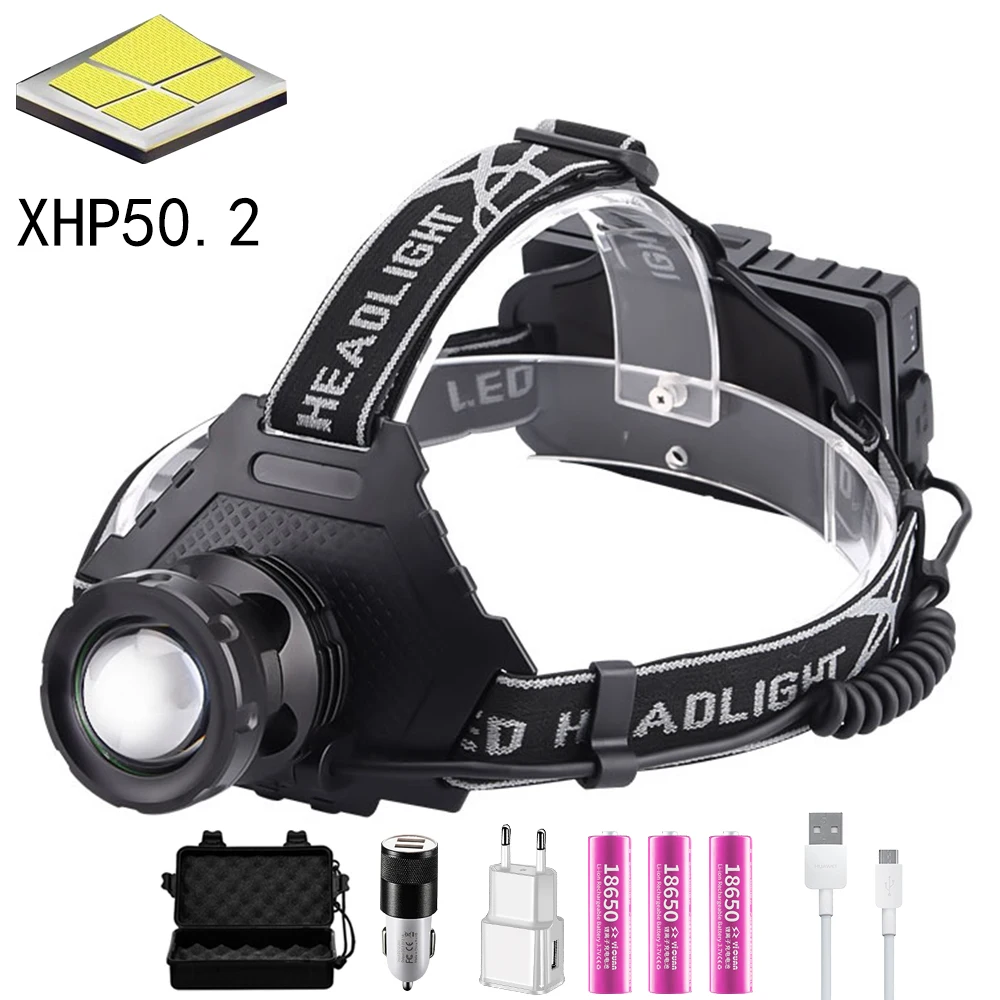 

18650 лм XHP50.2 самый мощный налобный фонарь для рыбалки кемпинга Zoom USB Перезаряжаемый 5 моделей фонарей с 3 батареями