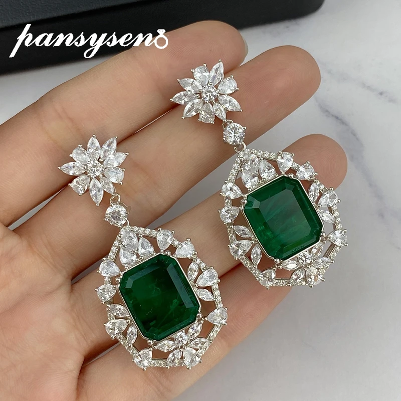 

PANSYSEN Vintage Solid Silver 925 Emerald Simulated Moissanite Diamond Gemstone Drop Earrings for Women Anniversary Fine Jewelry