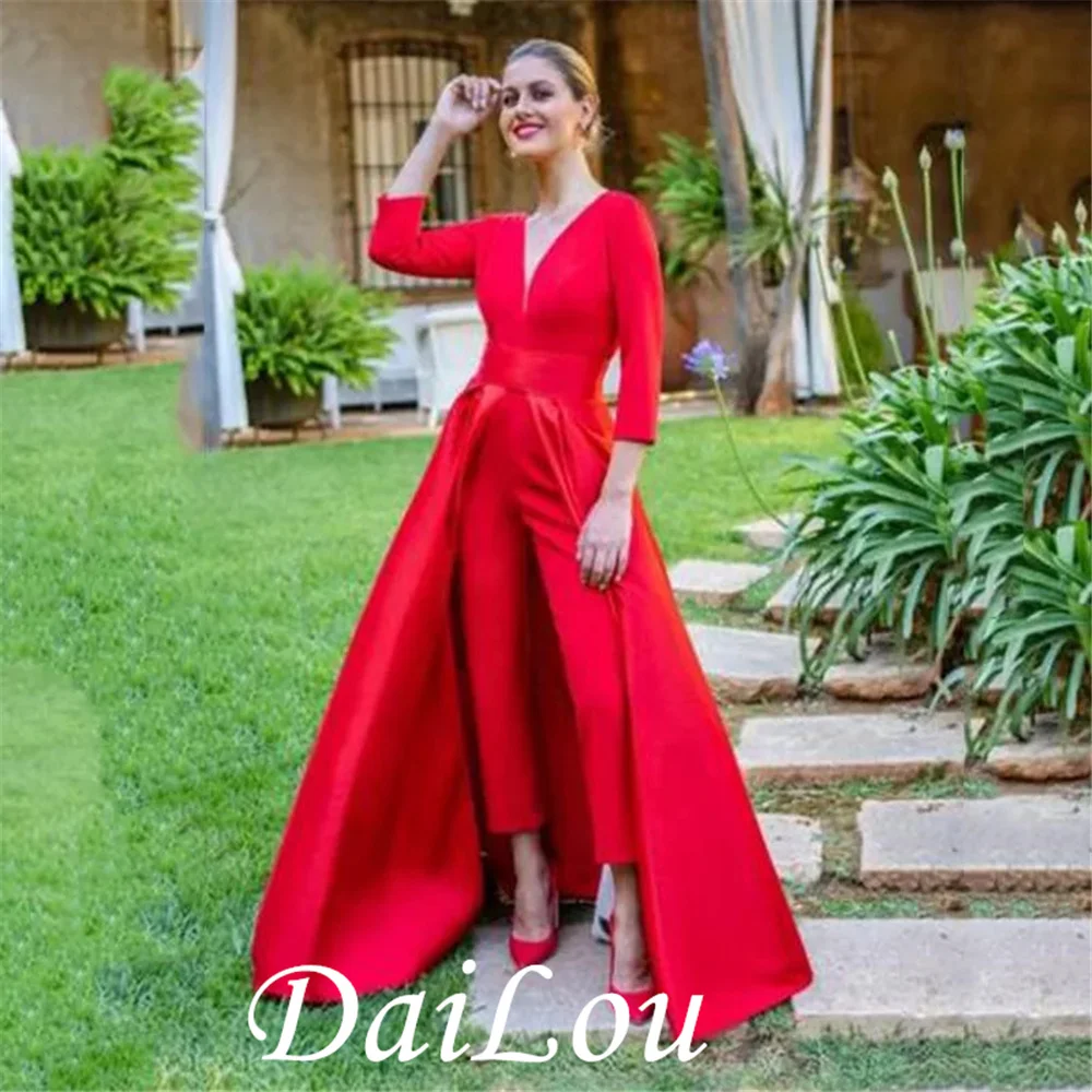 

Elegant Prom Formal Evening Valentine's Day Dress V Neck 3/4 Length Sleeve Floor Length Satin with Overskirt Split Front 2021
