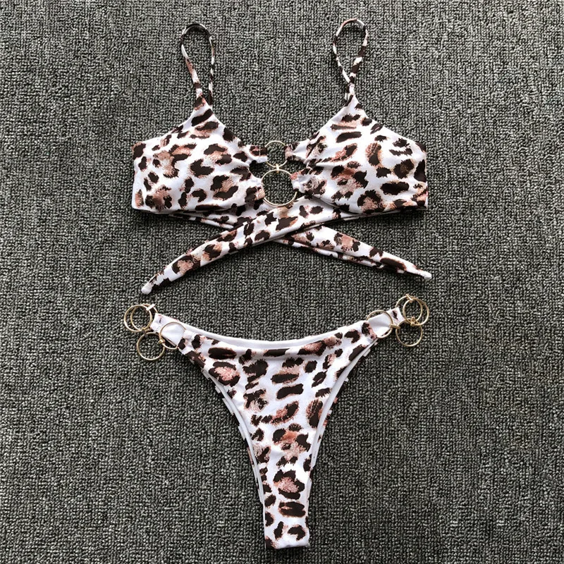 

new sexy bikini swimsuit women biquini swimwear women swimm suit bikinis Leopard Bandage metal ring Sling adjust Chest pad Lace