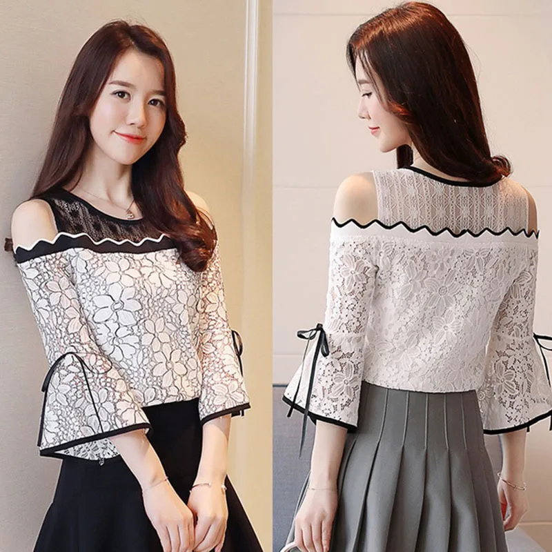 

Women's Fashion Lace Chiffon Stitching Blouse Flare Sleeve Top Lace O-neck Blouse Strapless Sexy Women Clothing 2Colors