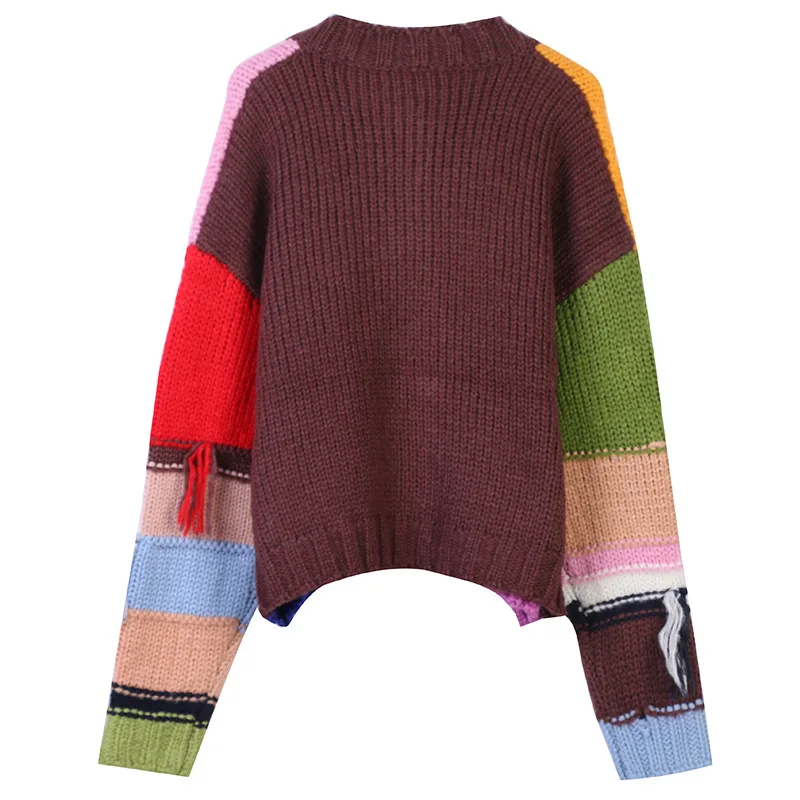 

Plaid contrast New autumn winter 2020 tassel loose women's long sleeve round neck cardigan coat