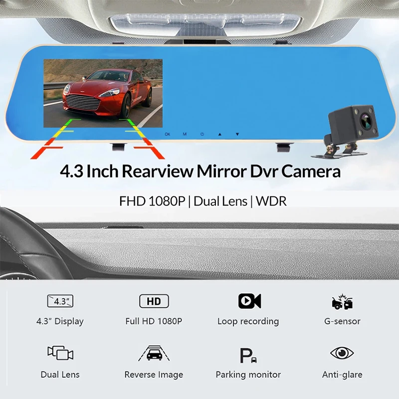 Full HD 1080p Автомобильный видеорегистратор Автомобильная камера заднего вида 4 3