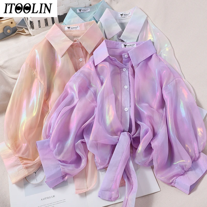 

Женская рубашка на пуговицах ITOOLIN с рукавом до локтя, блестящие пикантные блузки с завязкой на талии для женщин, осень 2021