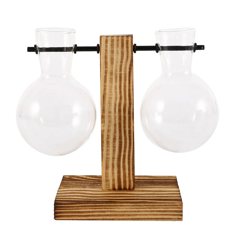 B Nordic Simple Hydroponic Plant Vases Vintage Flower Pot Transparent Vase Wooden Frame Glass Tabletop Plants Home Bonsai Decor - Color: B