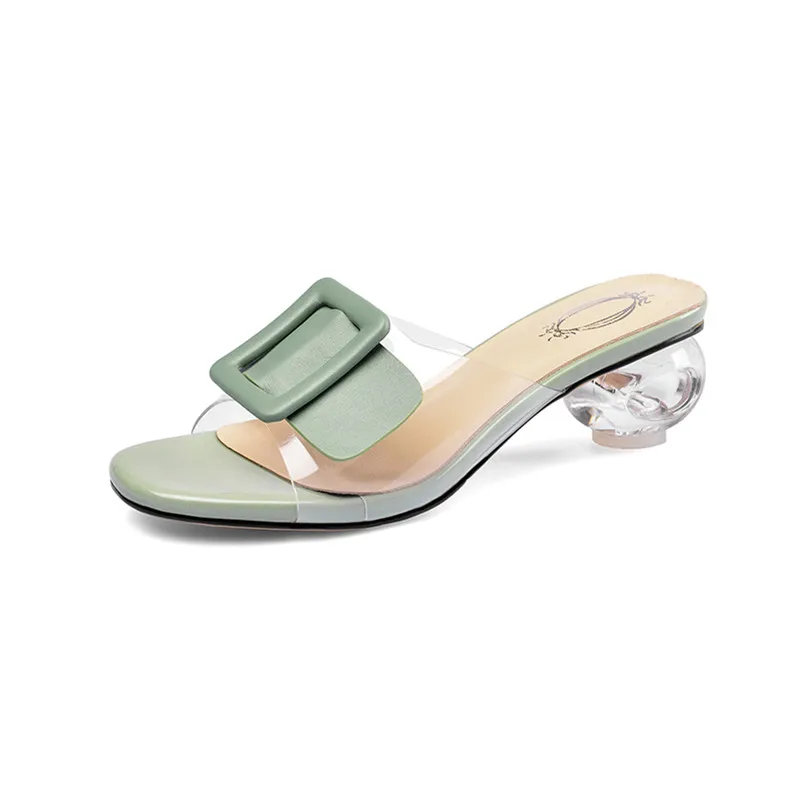 

ANNYMOLI Natural Genuine Leather Slides Transparent Med Heels Crystal Strange Style Heel Sandals Open Toe Slides Ladies Shoes 43